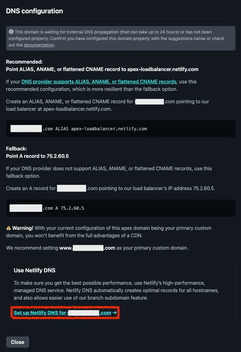 DNS設定モーダルの導線